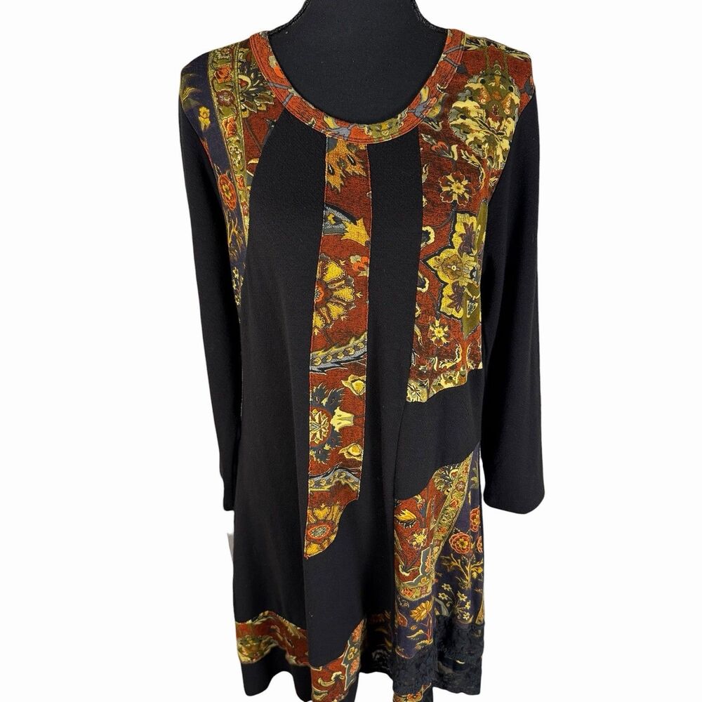 Parsley & Sage Boho Patchwork Mixed Media Lace Trim Artsy Tunic Dress Size Large